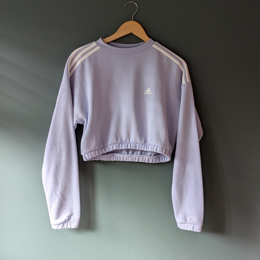 Adidas S Women's Purple Cropped Sweatshirt soft Sporty Athletics Leisure Stripes